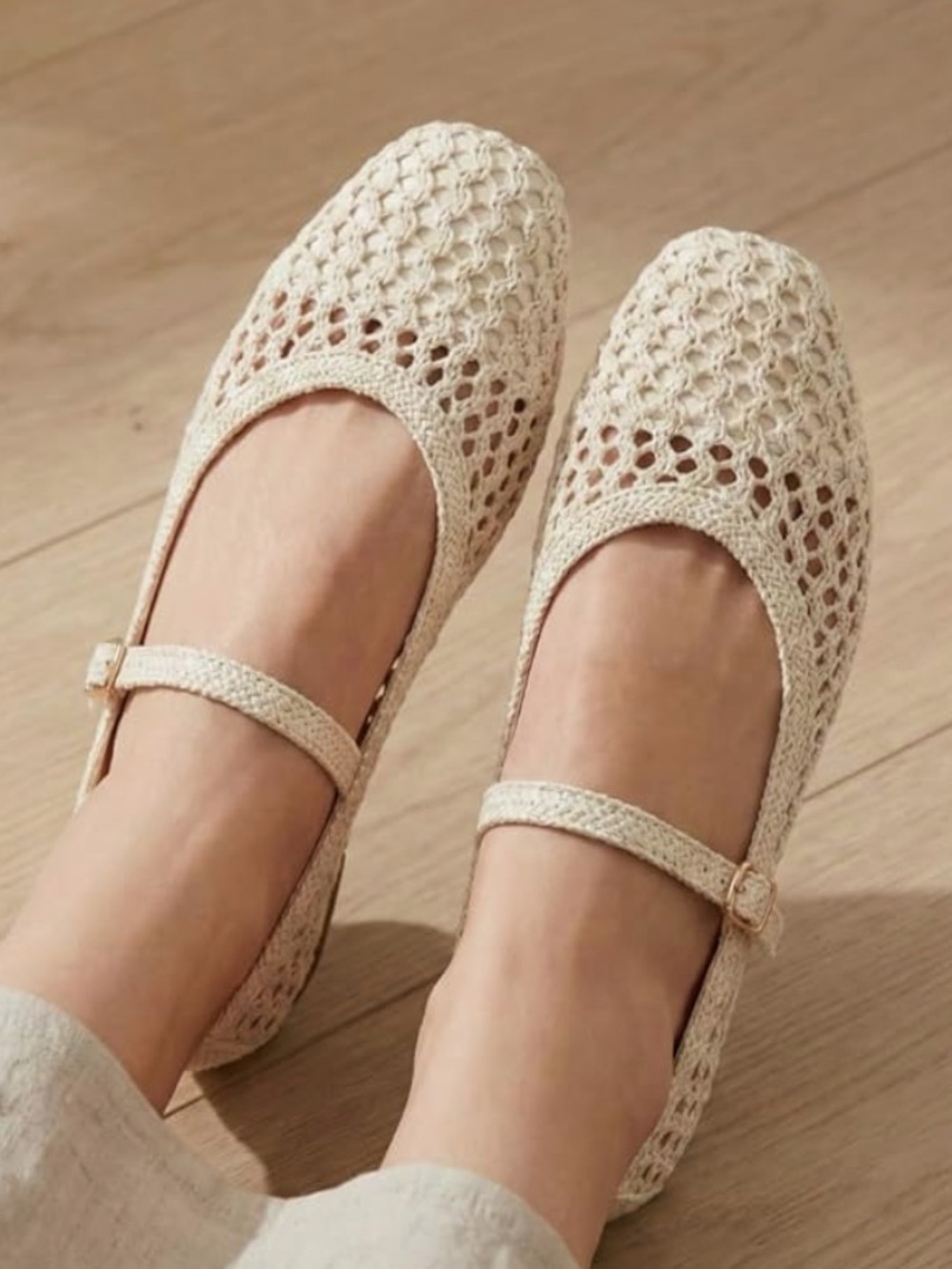 Woven Mary Jane Flats for Women - Cream